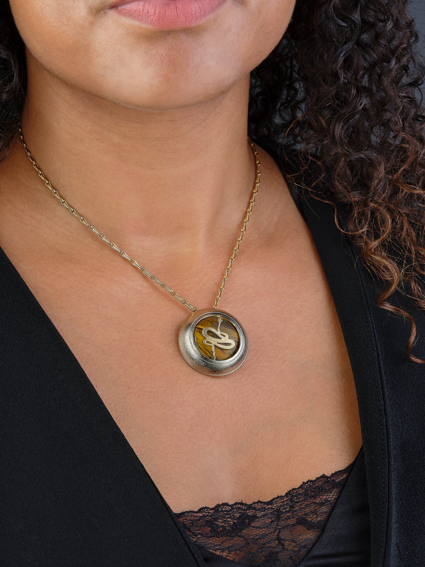 Broche "Double-Je" - Serpent/Oeil-de-Tigre